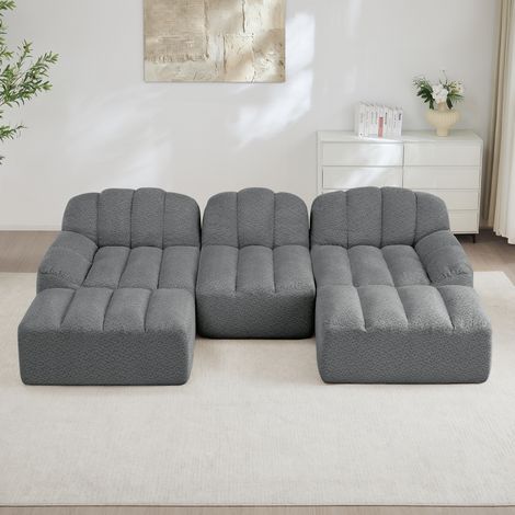 Canapé modulaire en U gris en polaire texturée avec 2 ottomanes et assise profonde (1/5)