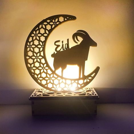 Lampe LED En Bois - Veilleuse Lune Étoile 3D Avec Découpe Creuse - Décoration Murale Ou Table Pour Ramadan Eid Al-Fitr - 1 Pièce (1/4)