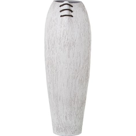 Vase de Sol en céramique Blanc rayé et Cordon Marron 20 x 24 x 62 cm, Bouche 11,5 x 13 cm