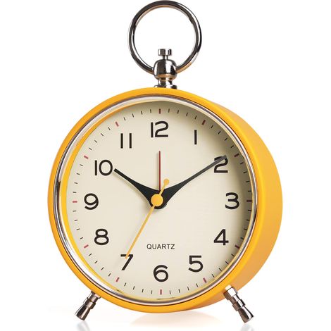 Réveil rétro analogique en métal avec lumière, fonction snooze, silencieux, sans tic-tac, fonctionne à piles, idéal pour les enfants, la chambre, le salon, et comme horloge de table décorative orange. (1/5)