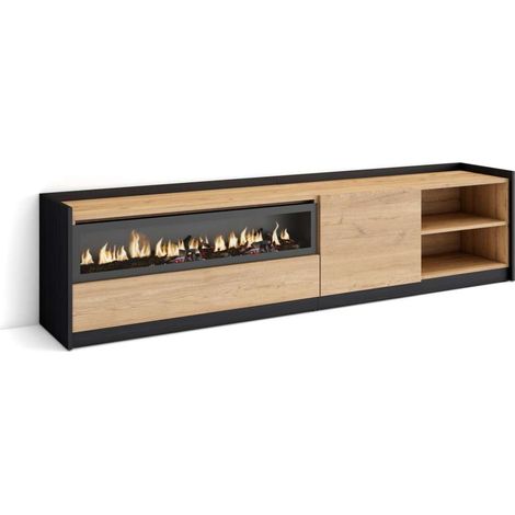 Mueble TV Manilva-02 de 207x50x37 cm con chimenea eléctrica, color roble y negro (1/4)