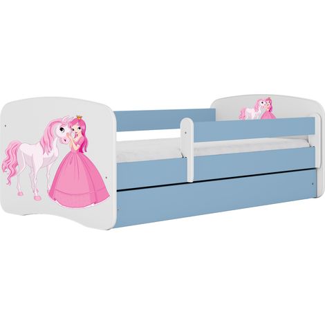 Kinder- und Jugendbett 70 × 140 cm mit Schublade und abnehmbarem Rausfallschutz blau, Motiv Prinzessin und Pferd (1/5)