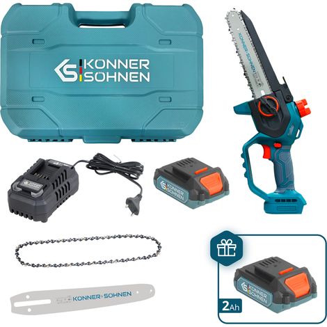 Mini Motosierra a Batería Könner & Söhnen KS MCS20V-8 CASE PLUS: Espada 20cm, Motor Sin Escobillas, incluye 2 Baterías, 2 Cadenas, 2 Barras y Maletín (1/5)