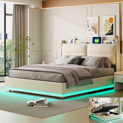 Lit 140x200 avec sommier,Lit 140 avec recharge sans fil,USB et Type-C,cadre de lit,Lit double,rangement tête,rembourré,Velours,Beige
