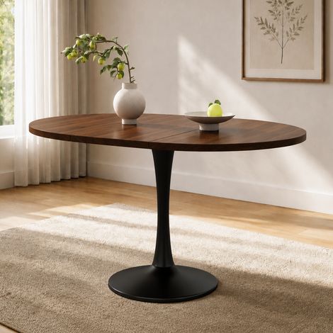 Table ovale extensible 100/140x100x75cm, design moderne, gain de place, effet noyer, plateau chaleureux et mécanisme d'extension facile (1/5)