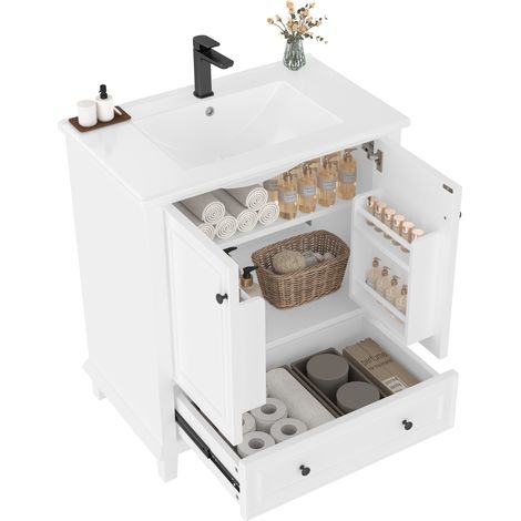 Meuble sous-vasque blanc 76x46x87 cm avec vasque céramique intégrée, 2 portes, 1 tiroir, rangement réglable, finition laquée, style moderne - CHICFURN (1/5)