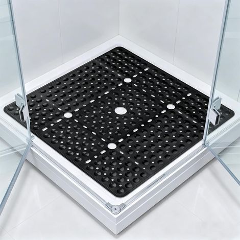Tapis de Douche Antidérapant 70x70 cm, Tapis de Douche Carré en TPE, Tapis de Bain avec Ventouses, Tapis de Baignoire Trous de Drainage, Résistant aux moisissures, Séchage Rapide (Noir uni, 70x70 cm) (1/5)