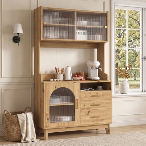 Buffet haut de salle à manger 100,5 x 40 x 178 cm, rangements à plusieurs niveaux, prise électrique intégrée et ports USB-C et USB-A, finition bois (1/4)