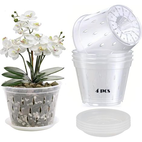 Set aus 4 Orchideentöpfen (12,5 cm), transparente Töpfe mit Löchern und Untersetzern, atmungsaktive, durchsichtige Kunststofftöpfe zum Umtopfen.