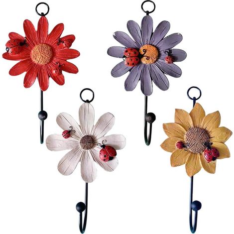 Lntyq Set mit 4 kreativen, gänseblümchenförmigen Wandhaken – verschiedene Farben – dekorative Blumenhaken – handbemalt – für Mäntel, Hüte, Schlüssel, Handtücher (1/5)