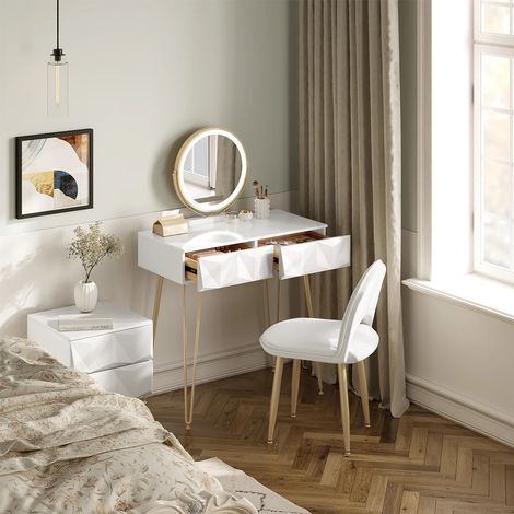 LEDANDER Coiffeuse avec miroir et tabouret, éclairage LED, chaise en velours, 2 tiroirs, design moderne, finition blanc brillant, pieds en métal doré. (1/5)
