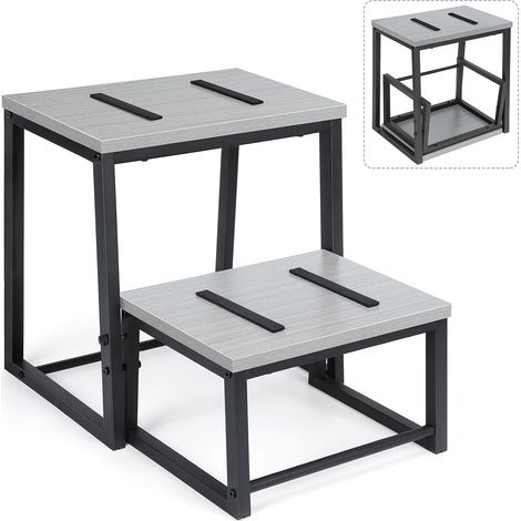 Marchepied à 2 Marches en Bois pour Adultes et Enfants, Cadre métallique, Conception 2 en 1 rétractable, marchepied de lit antidérapantes, Marchepied pour Cuisine, Salle de Bain,Balcon, Gris (1/5)