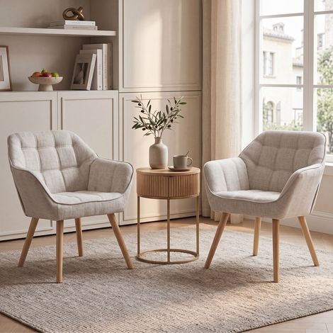 Wahson Fauteuil en Lin, Fauteuil Salon Moderne Lot de 2 Fauteuil Scandinave avec Pied Doré Fauteul Rembourré pour Chambre, Beige