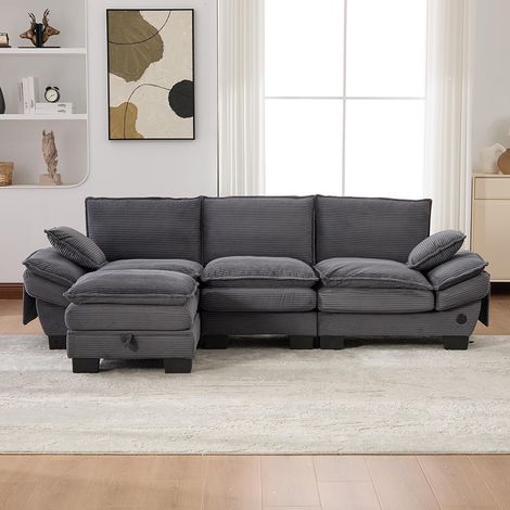 Canapé 3 places velours côtelé, repose-pieds inclus,mousse haute densité,port USB-C et poches latérales,gris foncé (1/5)