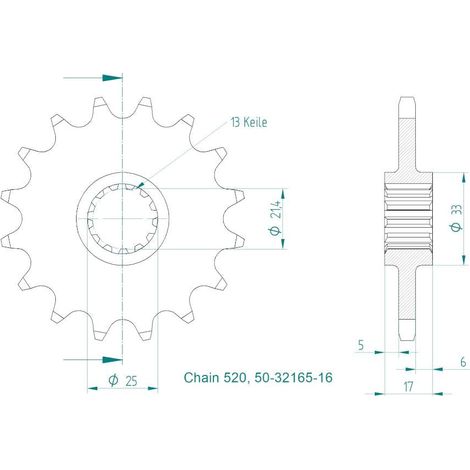 Pignon - 520 - 16 Dents - Made in Germany - Similaire JTF1381