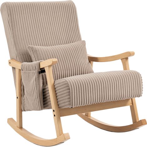 HOMCOM silla mecedora, mecedora de pana con cojín lumbar, patas y reposabrazos de madera de caucho, bolsillo, estilo moderno, sillón de relax, marrón (1/5)