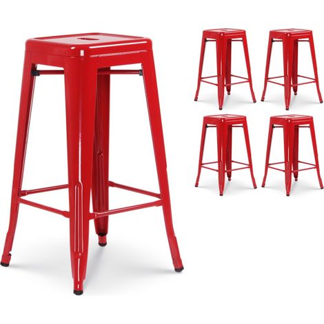 Lot de 4 tabourets de bar en métal rouge brillant style industriel - Sans dossier - Hauteur 66 cm