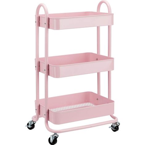 Chariot de rangement à 3 niveaux pour la cuisine ou la buanderie avec roulettes - Rose poudré (1/5)