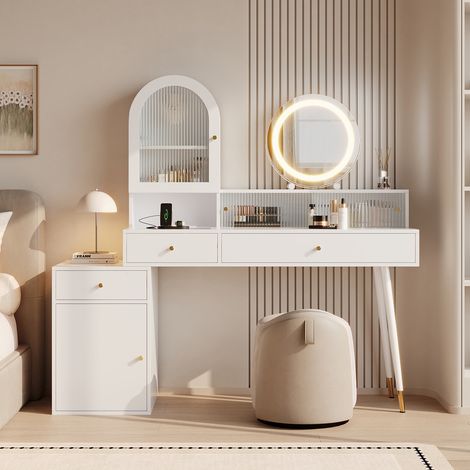 SONNI Schminktisch mit LED-Spiegel, Type-C- & USB-Anschluss sowie 2 Steckdosen, flexibles L-Form-Design mit Glasplatte, Weiß, 140 (verstellbar) 40 140 cm (1/5)