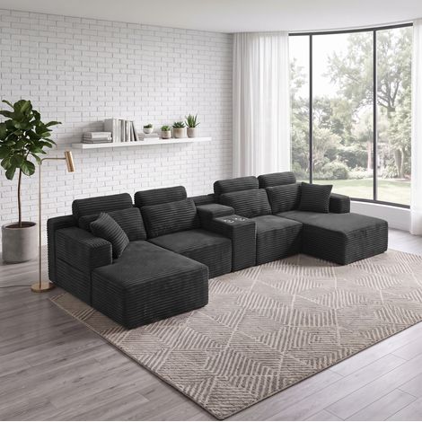 Sofá modular en U 372 x 151 x 80 cm de pana gris oscuro con portavasos - CHICFURN (1/5)