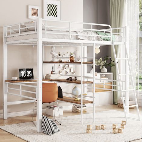 Cama alta 90x200 cm de metal blanco con escritorio, estantes, escalera y barandillas (1/5)