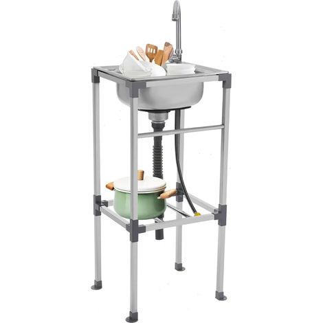 LEDANDER Évier mobile autoportant (42x37x83cm), évier de cuisine en acier inoxydable 201 de 0,8 mm, évier indépendant avec robinets chaud/froid