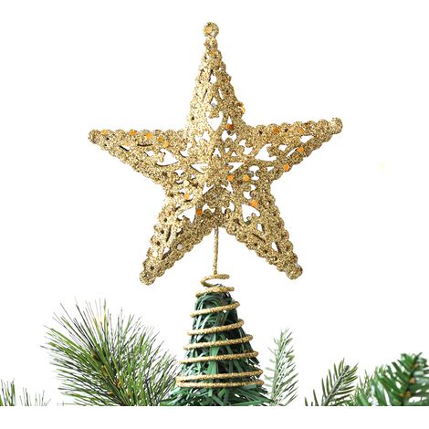 Étoile De Noël Pour Sommet D'Arbre - En Métal Creux À Paillettes Dorées - Pour Arbre De Noël Standard - 1 Pièce (1/5)