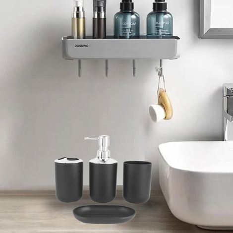 Accessoire Salle De Bain - Ensemble 4 Pièces Noir - Distributeur Savon Gobelet Porte-Savon Brosse À Dents - Pour Salle De Bain Maison Hôtel Bureau (1/4)