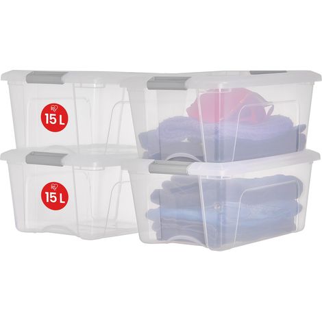 Boite Rangement Plastique avec Couvercle, 15L, Lot de 4, Argent, Clips de Fermeture, Empilable, Organisation, Bureau, Sans BPA, Caisse Rangement Plastique, Bac, NTB-15 (1/5)