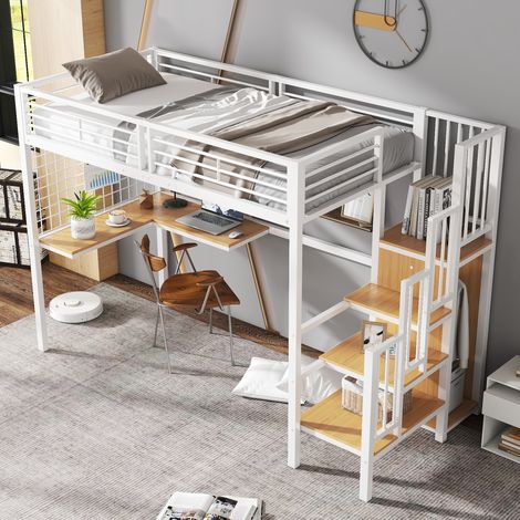 Hochbett Einzelbett mit Kleiderschrank, Seitentreppe und Tisch 90×200 cm, ohne Matratze