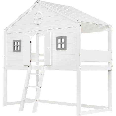 Lit mezzanine enfant avec escalier 90 x 200 cm bois et MDF blanc gris MODENUIT (1/5)