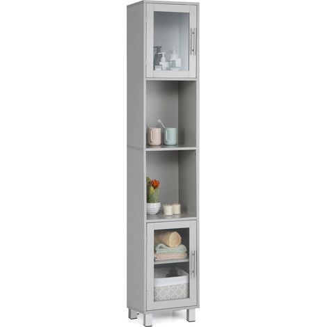 Bathroom Tall Cabinet Slim Freestanding Storage Organizer Cupboard 2 Glass Doors (1/2)