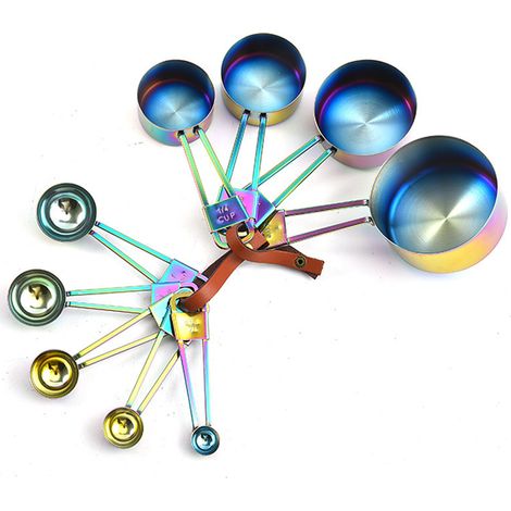 Tasses Doseuses - Cuillères Doseuses - Acier Inoxydable - Pour Liquides Et Solides - Avec Anneau De Connexion En Cuir - Lot De 12 Pièces (1/5)