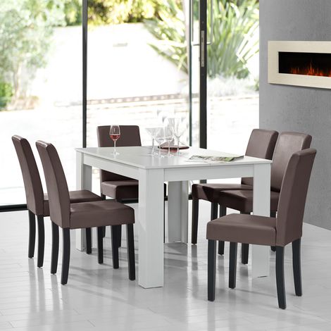 Mesa de comedor + 6 sillas Forssa MDF y polipiel 140x90x77cm - Blanco + Marrón [en.casa] (1/5)