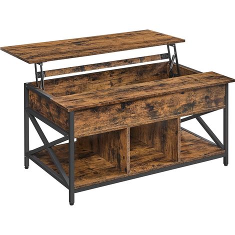 Vasagle – Table basse relevable marron rustique et noir – Rangement ouvert et compartiment caché – Dimensions 60 x 100 x (48-62) cm – Charnières anti-bruit (1/5)