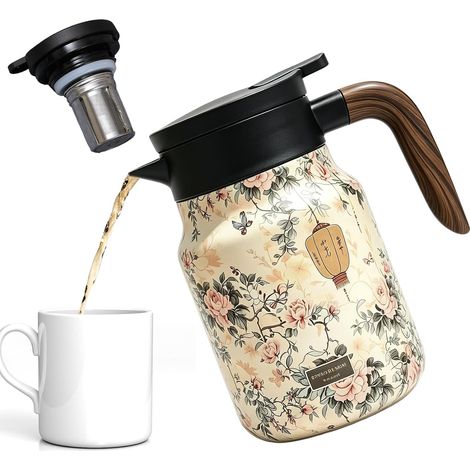Théière isotherme vintage à motif floral - 1000 ml - Avec infuseur à thé - Pour la maison, l'appartement (rose) (1/5)