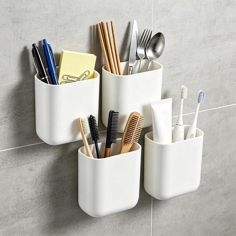 Set of 4 No-Drill Toothbrush Holders, 9 x 5.5 x 10 cm, Wall-Mounted Toothbrush Holder, ABS Toothbrush Organizer with Drainage Hole for Bathroom and Kitchen (1/5)