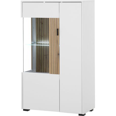 Highboard mit Vitrinentür links inkl. Beleuchtung weiß matt Eiche gerillt HUNTER-61 (1/5)