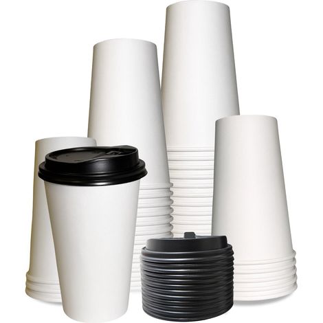Paquete de 100 vasos de papel de 590 ml con tapa, aislamiento térmico, a prueba de fugas, para oficina y viajes. (1/5)