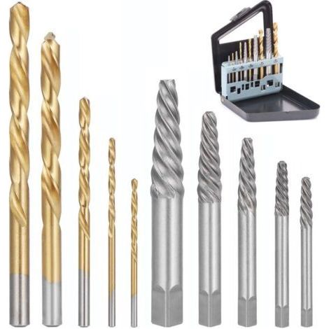 Juego de extractores de tornillos de 10 piezas con brocas de cobalto: brocas de mano izquierda para tornillos dañados, fabricadas en acero HSS para una fácil extracción. (1/5)