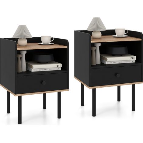 COSTWAY 2 Pcs Nightstand Bedside Table with Drawer & Open Storage Shelf-Black (1/5)