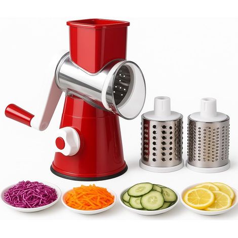 Cortador de verduras multifuncional con tambor, rallador manual, cortador de patatas, máquina para hacer queso, rojo