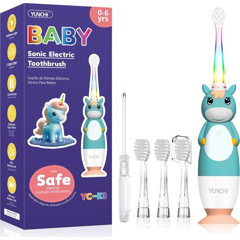 Brosse à dents électrique pour bébé 0-3-6 ans Brosse à dents pour tout-petits et enfants avec minuteur Lumière LED arc-en-ciel colorée 4 têtes souples Alimentée par piles pour filles, garçons et (1/5)
