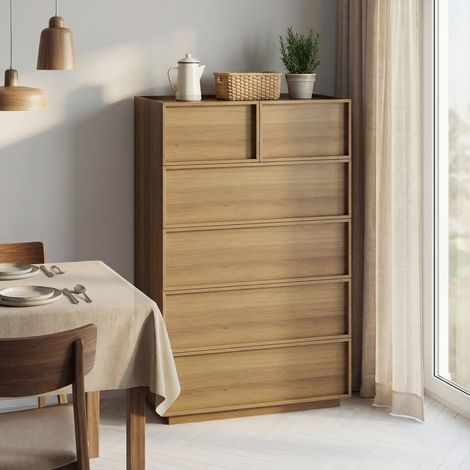 Commode 6 tiroirs, meuble de rangement moderne en bois, peut servir de coiffeuse, adaptée pour salon, chambre ou entrée, 80×48×127 cm, coloris chêne