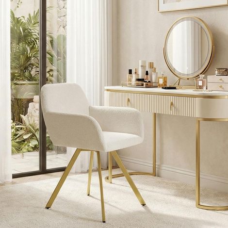 Chaise Salle à Manger, Tissu Boucle avec Accoudoirs, Pivotante Pieds Métal, Beige