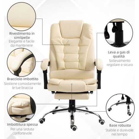 Fauteuil de Bureau Directeur en Cuir Synthétique Blanc, Dossier Inclinable 145°, Repose-Pieds Intégré, 64,5x69x109-117 cm (1/5)