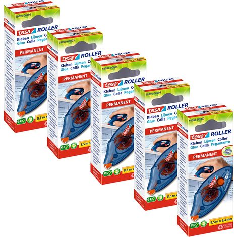 Tesa Roller Colla Monouso Permanente ecoLogo, Set di 5, Rullo adesivo usa e getta, Applicazione precisa e veloce, Design trasparente ed ecologico, 8,5 m x 8,4 mm (1/4)