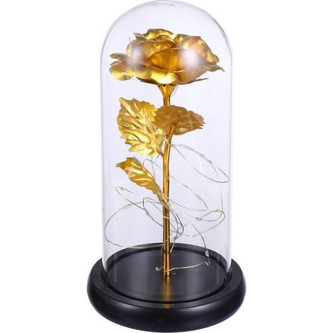 Lampe Rose Saint-Valentin avec Fleur Préservée Éternelle Couvercle en Verre Transparent Décoration Romantique pour Maison et Bureau Présent Anniversaire sans Batterie Motif Or (1/5)