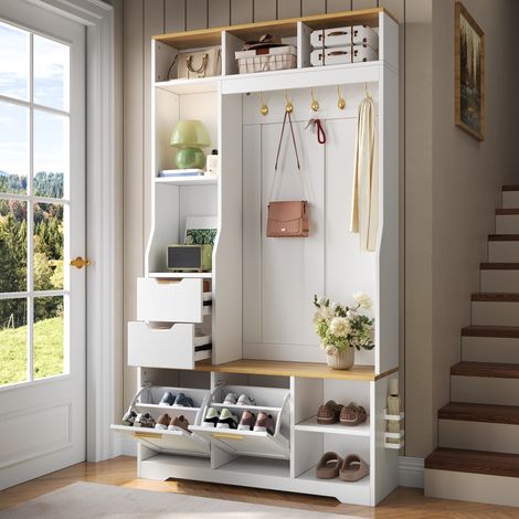 Mueble de recibidor con zapatero 100x32x186 cm - perchero de entrada con banco de asiento luces led app y paragüero de madera - blanco (1/5)