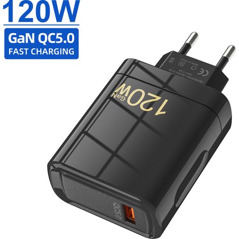 Chargeur de voyage intelligent 120 W, charge ultra rapide QC3.0, adaptateur USB d'origine pour téléphone portable 9 V/5 Vnoir (1/5)